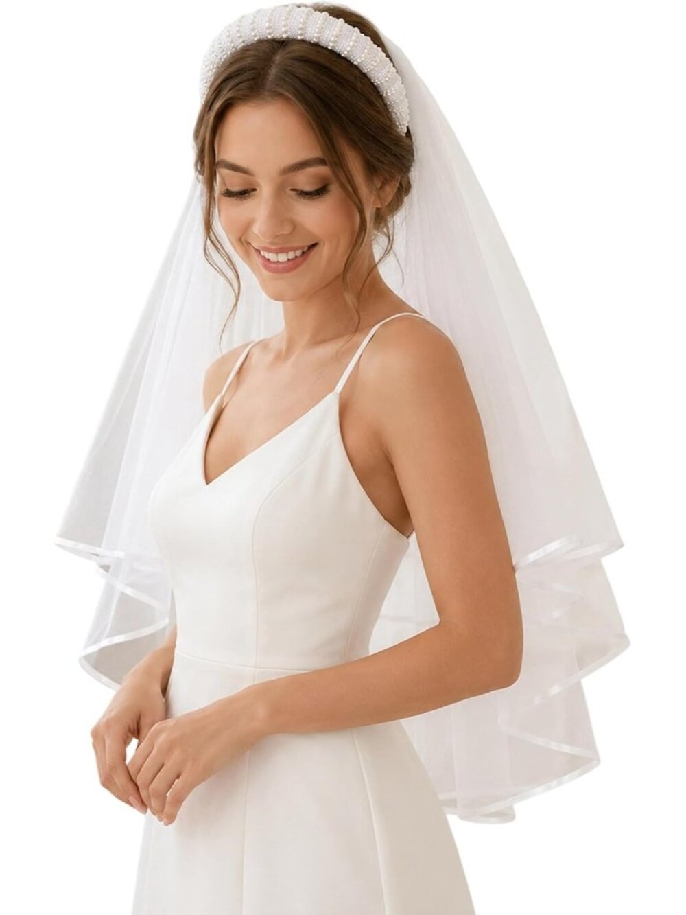 Women's White 2 Tier Satin Cotton Edge Tulle Veil Beaded Pearl Padded Headband